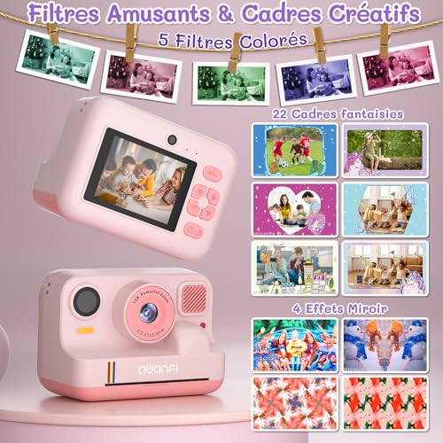 Instant Camera Child Gift Toy Girl Boy 3-12 Years, AWANFI Digital Video Camera 1080P 32GB Card with 3 Rolls of Paper and Bluetooth APP Printing