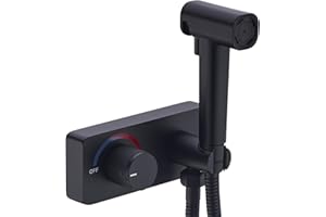 HOMYEP Brass Handheld Toilet Bidet Sprayer Attachment with Spray-Holding Jet, Bathroom Vanity Mount Bidet Faucet with Hot and Cold Water, 4-Inch Center-Set RV Shower Valve, Matte Black