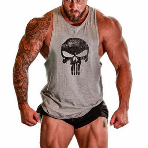 New Fi Men's Skull Bodybuilding Fitness Stringer Tank Top Sport Gym Sleeveless Vest(Grey, M)