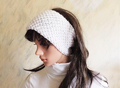 Hand Knitted Wool Chunky Headband White Ear Warmer, Knit Head Warmer Honeycomb Pattern Wrap