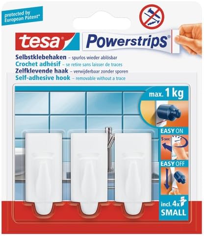 tesa Powerstrips Hooks Small TREND, Removable Self-Adhesive Wall Hook for Glass Tiles, Wood, Plastic and Other Surfaces
