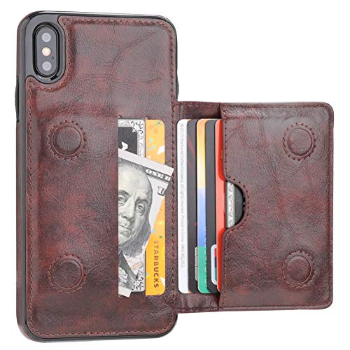 iPhone Xs Max Wallet Case with Credit Card Holder, KIHUWEY Leather Kickstand Durable Shockproof Protective Hidden Magnetic Closure Cover for iPhone Xs Max 6.5 Inch(Brown)