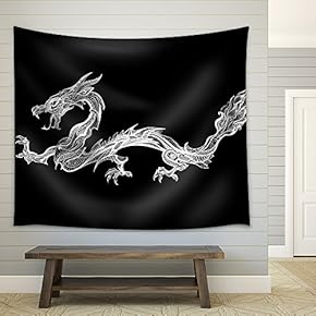 Vector - Doodle White Dragon Isolated on Black Background - Fabric Wall Tapestry Home Decor - 51x60 inches