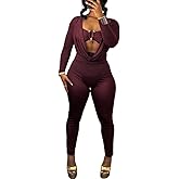 LXUAMR Jumpsuits for Women Sexy Deep V Neck Long Sleeve Jumpsuit Cut Out Bodycon Jumpsuit Going Out Outfits