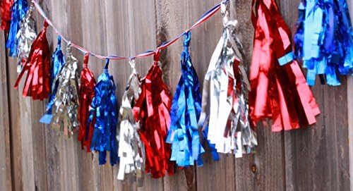 Patriotic Decorations Metallic Tassel Garland on (16 Tassels Per Package) Red White Blue 8 ft Ribbon, Pre-Assembled Party Décor 4th of July and Memorial Day Banner, Election and Military Ceremony