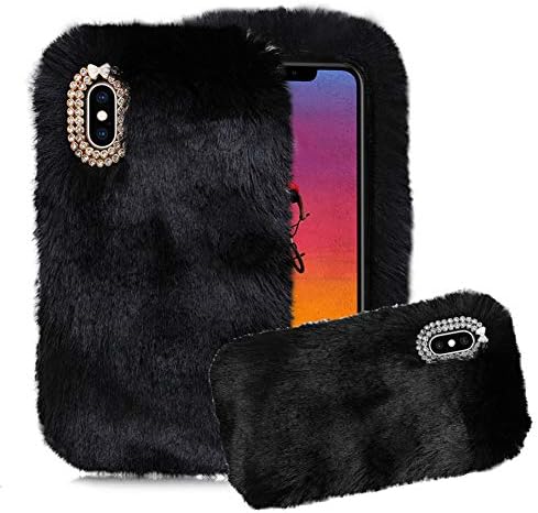 Aearl for Huawei Mate 20 Pro Case,Huawei Mate 20 Pro Rabbit Fur Case,Luxury Cute 3D Homemade Diamond Winter Warm Soft Furry Fluffy Fuzzy Bunny Ear Plush Phone Case Cover for Girls Women-Black