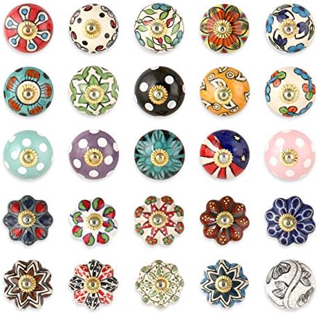 Multicolor Ornamental Floral Drawer Knobs – Pack of 25 Pcs – Brass Metal Cupboard Door Deal with Blue Pottery Flower Handmade Residence Decor {Hardware}