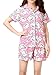 VENTELAN Women's Lovely Pigs Printed Sleepwear Lapel Cardigan Shorts Pajama Sets Pink Large(USA Size 12-14)