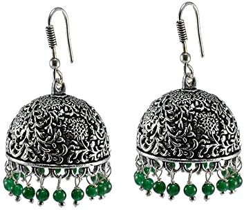 Silvesto India Jaipuri Jhumki-Ethnic Jewelry-Oxidized Jhumka Earrings With Green Beads PG-30905