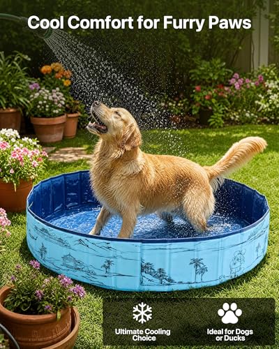 JEASONG Foldable Paddling Pool for Dogs, Thickened Anti-Scratch PVC Garden Dog Bath Swimming Pool, Non-Slip Outdoor Summer Water Play Pool for Dog, Small Medium Large Dog Pool (160x30cm)