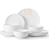 KINGSTONE 12-Piece Bone China Dinnerware Set for 4, Lightweight and Durable, Microwave and Dishwasher Safe, White Plates and Bowls for Everyday Use