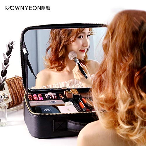 Rownyeon Makeup Train Case with Mirror Portable 14.5inch Cosmetic Organizer Professional Makeup Bag with Adjustable Dividers for Cosmetics Makeup Brushes and Toiletry Jewelry Digital Accessories