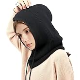 Knitted Balaclava Hooded Scarf with Drawstring for Women Windproof Wool Skull Cap Beanie Hat Neck Gaiters Warmer for Winter