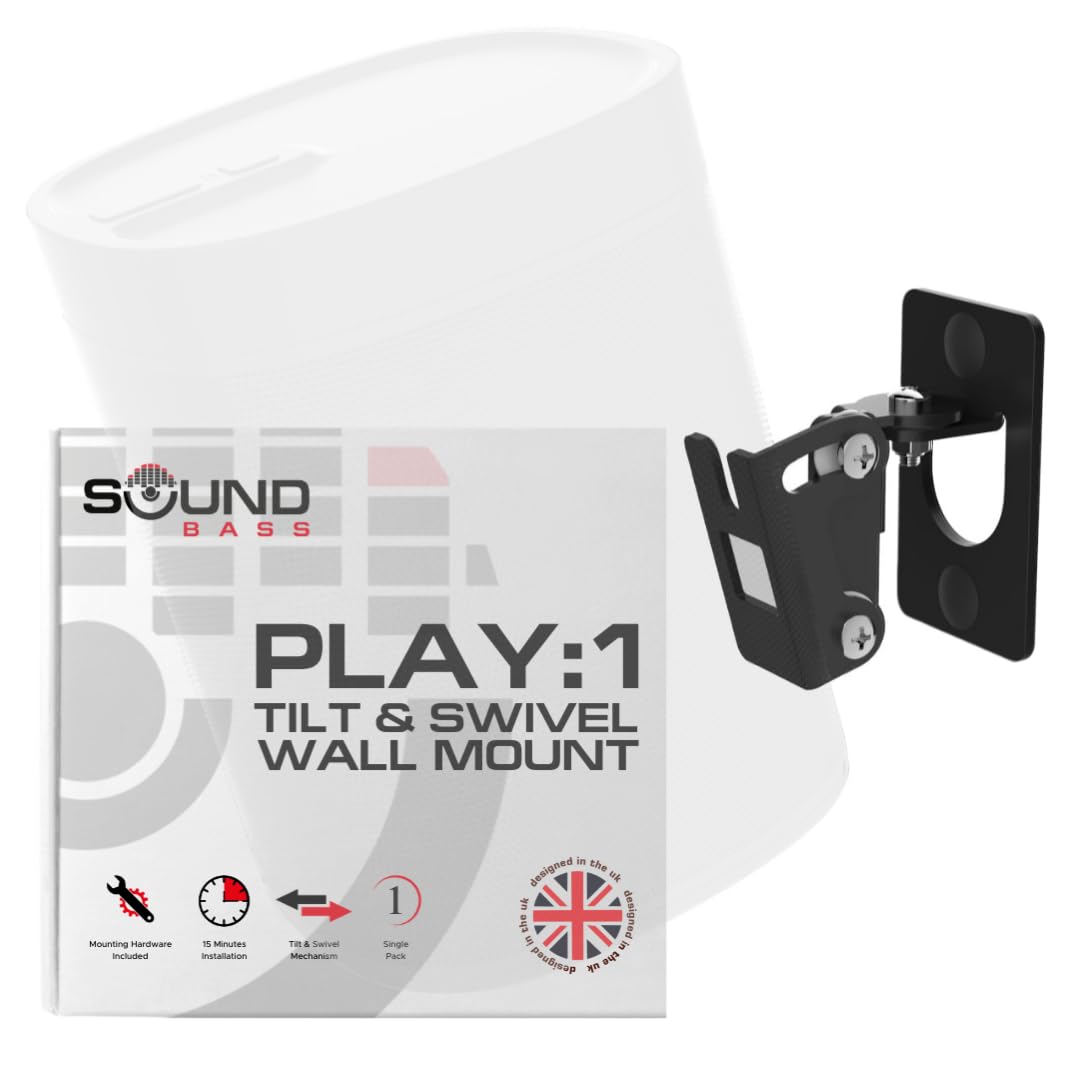 Sound Bass Play 1 Wall Mount Black, Compatible with Sonos Play:1 Only, Adjustable Swivel & Tilt Mechanism, Mounting Bracket Includes All Fixings