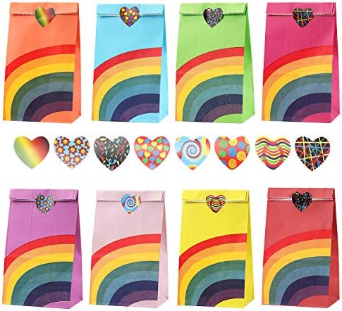EKKONG 48 Pieces Rainbow Party Bag with 100 Heart Stickers, Party Favor Paper Gift Bags Ideal for Birthday Gifts and Party Favours Multi-use for Girls Boys Kids Party Supplies