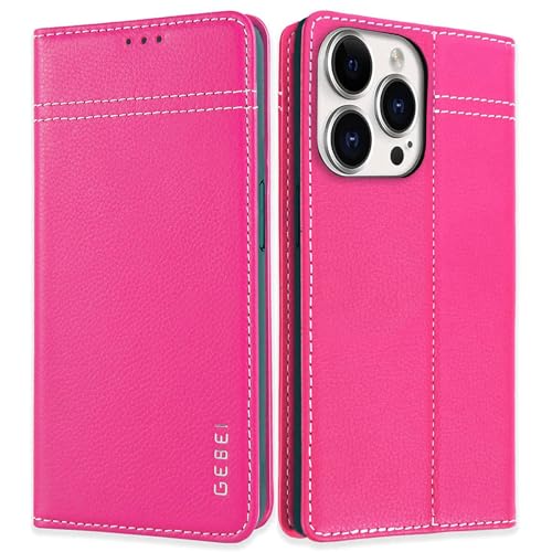Gebei Hülle Echt Leder für iPhone 15 Pro Max (6,7") - Premium Echte Lederhülle mit Standfunktion Kartenfach Magnetverschluss Flip Case Ledertasche Han