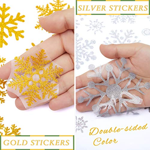 Beautyhero-Christmas-Snowflakes-Clings-Snow-Window-Stickers-Christmas-Decorations-Non-Adhesive-for-Glass-146-x-118-Inches-Gold-and-Silver-Snowflakes-Stickers-Double-Sides-Colors-4-Sheets-176-Pcs