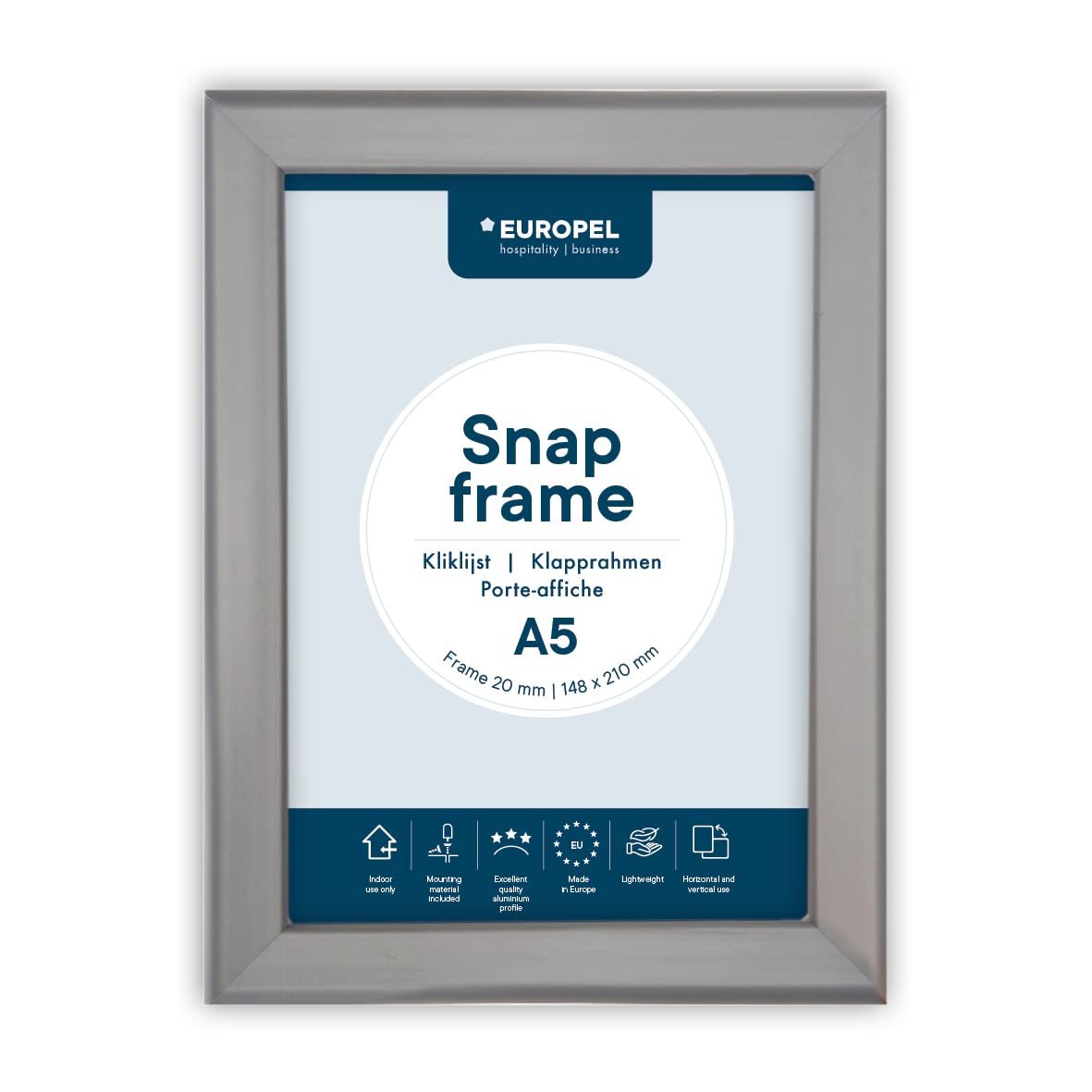 EUROPEL Snap Frame A5, 20 mm | Aluminium Anodised Construction & Anti-Glare Cover | Clip Poster Holders for Retail & Advertising Displays | Notice Sign Board Frame for Walls