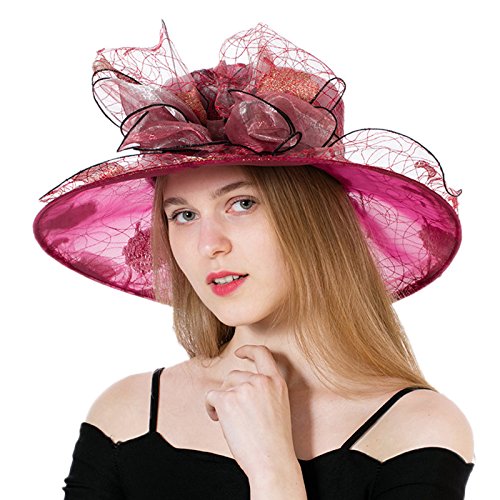 DANTIYA Women's Polka Dot Kentucky Derby Hats Church Hat Tea Party Wedding Organza Hats (Burguady) - Thumbnail 2