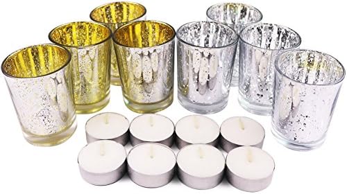 Art Candle Holder | 8 Pcs Beautiful Gold and Silver Mercury Glass Candle Votive Tea Light Holders with 8 Bonus Tea Lights for Romantic Restaurant Dinner Church Wedding Party Candlelight | 1401