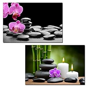 2 Panel Canvas Wall Art - Spa Still Life with Black Zen Stones Bamboos and Candles - Giclee Print Gallery Wrap Modern Home Art Ready to Hang - 16"x24" x 2 Panels