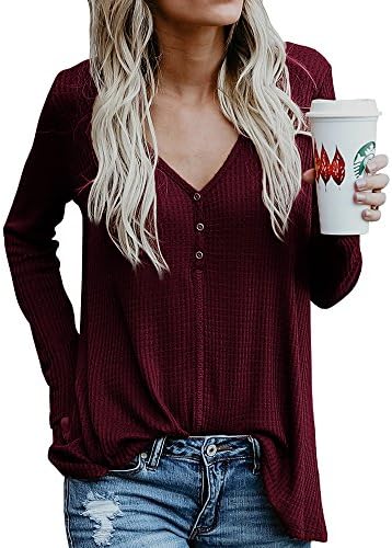 Beautife Womens Henley Shirts Fall V Neck Button Long Sleeve Loose Casual Knit Sweaters Tops