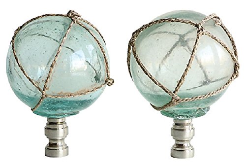 Netted Aqua Glass Lamp Finials on Brushed Nickel Bases - A Pair