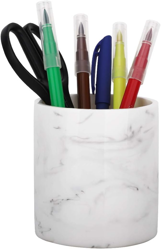 MoKo Pen Pencil Holder, Desk Organizer Makeup Brush Holder [Modern Design] Office Supplies Storage Organizer for Home, Office, Classroom - Marble White