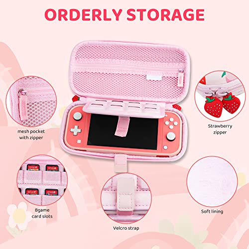 FANPL Case for Nintendo Switch Lite, Cute Pink Strawberry Carrying Case Bundle for Switch Lite