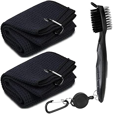 Golf Towels Golf Accessories Set with Microfiber Waffle Golf Towels, Retractable Zip-line Golf Brush Sets for Groove Clean,Golf Towels for Golf Bags with Clip (2 Black Towel+ 1 Black Brush) Golf Towels Golf Accessories Set with Microfiber Waffle Golf Towels, Retractable Zip-line Golf Brush Sets for Groove Clean,Golf Towels for Golf Bags with Clip (2 Black Towel+ 1 Black Brush)