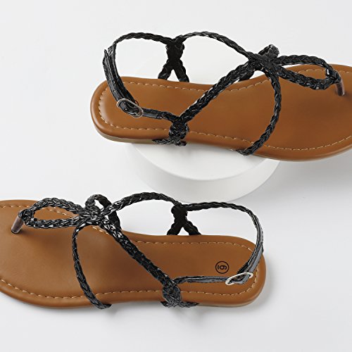 Rekayla Flat Sandals Braided Strap Tong Sandal for Women Black 08