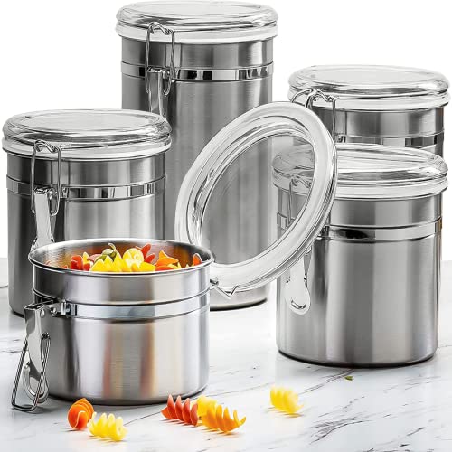5pc Stainless Steel Canister Set with Clear Acrylic Lids & Clamp