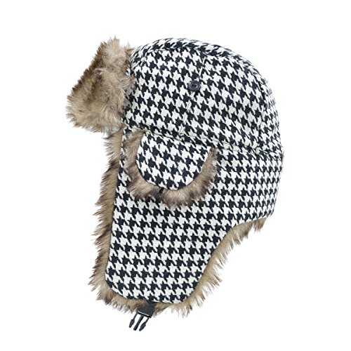 Winter Houndstooth Faux Fur Trapper Ski Snowboard Hunter Hat, Black/White