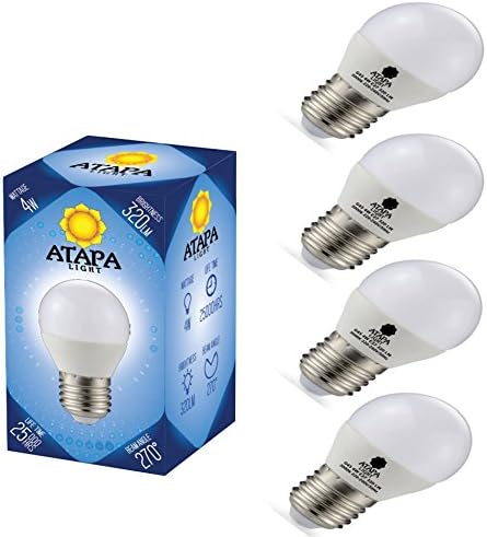 ATAPA 4 x G45 Golf LED Bulbs 4 Watt 320 lumens 270° Beam Angle E27 Edison Screw Warm White 3000 Kelvins Natural Warm White Color very bright lights Energy Seving Light Bulb Globe GLS Round Lamps for Shower Bathroom Kitchen Living Room Porch Home Garden Library Accessories [Energy Class A+]