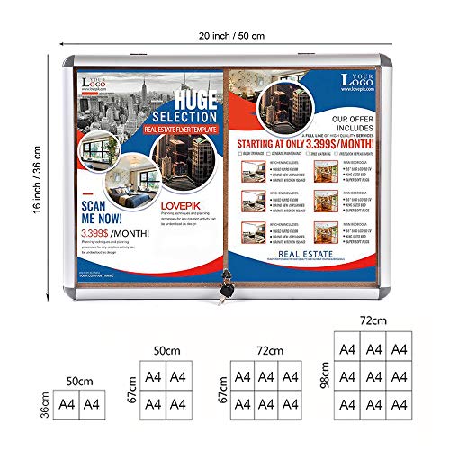 Swansea Enclosed Bulletin Board,Lockable Cork Noticeboard for School Office,Wall Display Case with Lock 20"x16"(2xA4) - Thumbnail 3