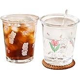yaocoral Set of 2 12 OZ French Drinking Glasses Floral Glass Coffee Cup Cute Tulip Rabbit Glass Cups for Iced Tea,Juice,Coffee,Latte,Milk,Dessert,Stackable Glassware Drinkware Set