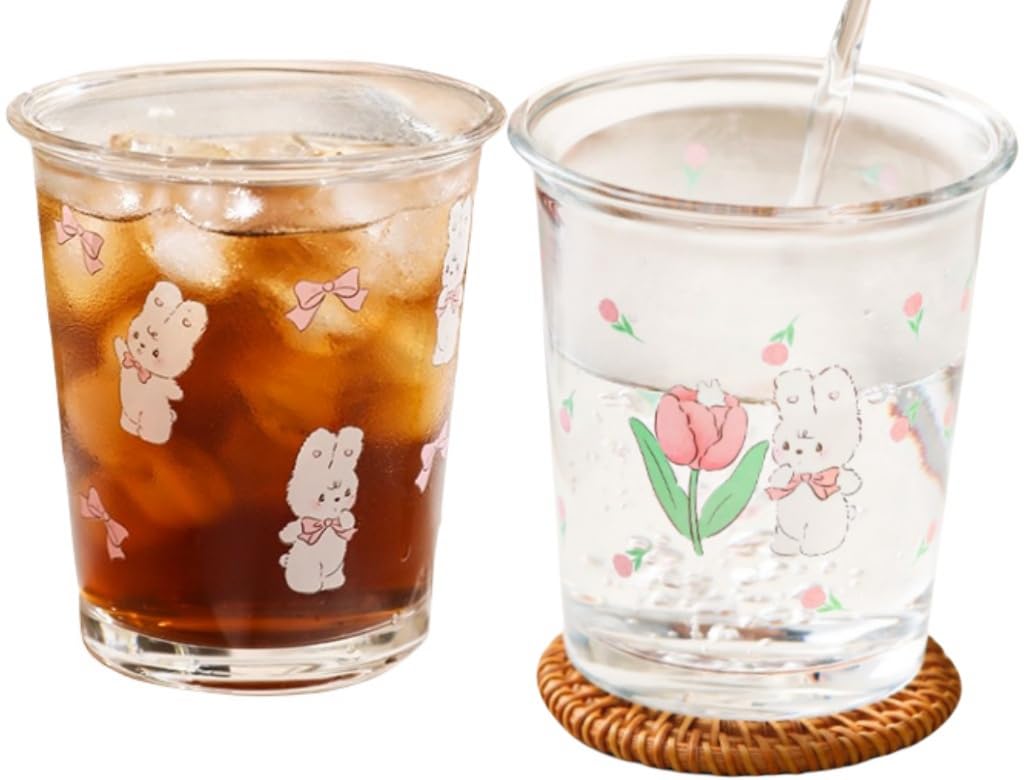 Photo 1 of *ONLY 1* yaocoral Set of 2 12 OZ French Drinking Glasses Floral Glass Coffee Cup Cute Tulip Rabbit Glass Cups for Iced Tea,Juice,Coffee,Latte,Milk,Dessert,Stackable Glassware Drinkware Set
