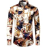 ZEROYAA Men's Paisley Print Dress Shirt – Gold Shiny Slim Fit, Button Down Collar