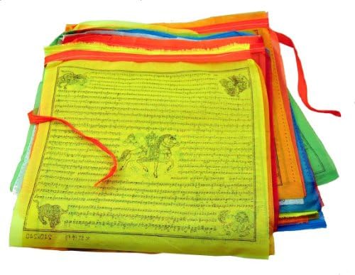 Tibetan Large 10 X 10 Inches Neon Lungta Snow Lion Prayer Flags, 21 Prayer Flags SET, 18 FT Long