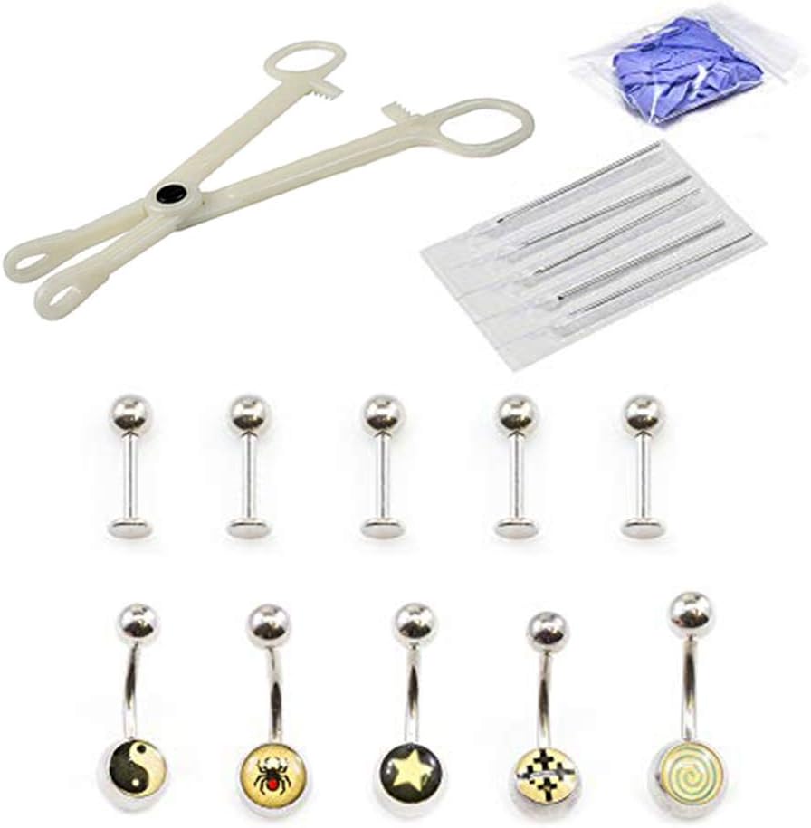Piercing Kit 17pcs Belly Ring, Labret, Disposable forceps, Needles and Gloves 14g