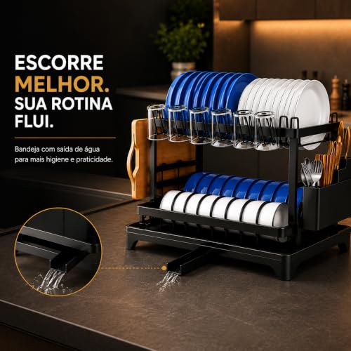 Escorredor de Louça Completo em Aço Carbono Organizador Escorredor de Pratos, Suporte para Talheres, Copos, Tábuas, Facas e Bandeja de Drenagem de Água Premium