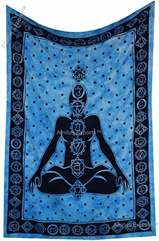 Amitus Exports(TM) Premium Quality 1 X Buddha Chakra Turquoise Tie Dye Color Size 78"x53" (Approx.) Inches Indian Mandala Tapestry Thin Cotton Fabric Throws (Handmade In India)