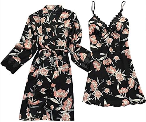 Women Sling Nightdress Robe Set Sexy Satin Lace Pajamas Sleepwear Long Sleeve