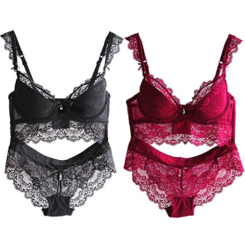 Burvogue Women s Embroidery Bras Set Lace Lingerie Bra and Panties (Black+Red, 40C)