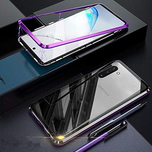 Case for Samsung Galaxy Note 10 Plus/Note 10+ Magnetic Cover,Magnetic Adsorption Technology Ultra Thin Metal Aluminum Bumber 9H Tempered Glass Back Cover 360° Shockproof Full Body Protector - Purple