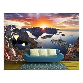 Mountain Coast Landscape at Sunset, Norway - Removable Wall Mural | Self-Adhesive Large Wallpaper - 66x96 inches