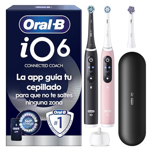 Oral-B iO6 Pack de 2 Cepillos de Dientes Eléctricos Negro y Rosa con 3 Cabezales y Estuche de Viaje, 5 Modos de Cepillado, Sensor de Presión, Temporizador y Aplicación, Cepillo Dental Oral B
