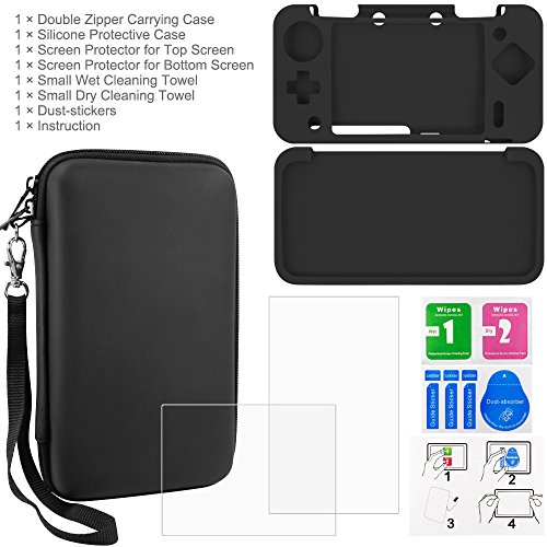 Protective-Cases-for-Nintendo-New-2DS-XL-with-Screen-Protectors-AFUNTA-2-Pcs-Tempered-Glass-Films-for-Top-and-Bottom-Screen-1-Silicone-and-1-EVA-Carrying-Case-for-2DSXL-Console