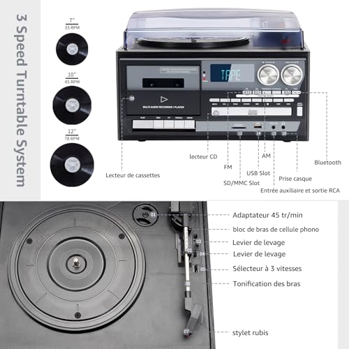 Vintage 9-in-1 Turntable with Bluetooth, 3 Speed Turntable, CD & Cassette Player, AM/FM Radio, USB/SD Encoding, AUX In & RCA Out