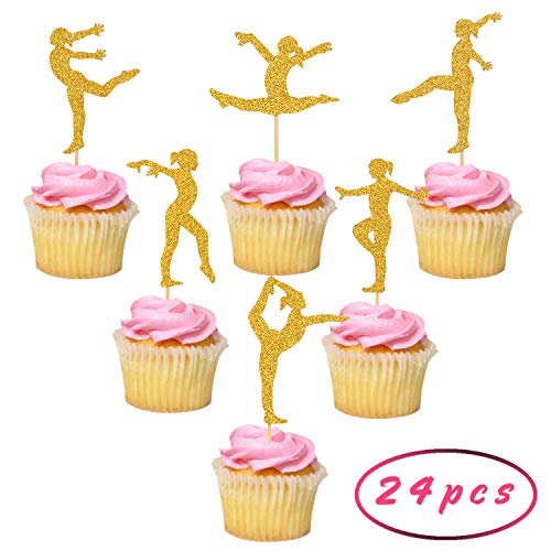 Gymnastics Cupcake Toppers for Gymnast Theme Party, Girls Birthday Party Supplies, Baby Showr Cupcake Decorations, Gold Glitter, Pre-assembled, Set of 24